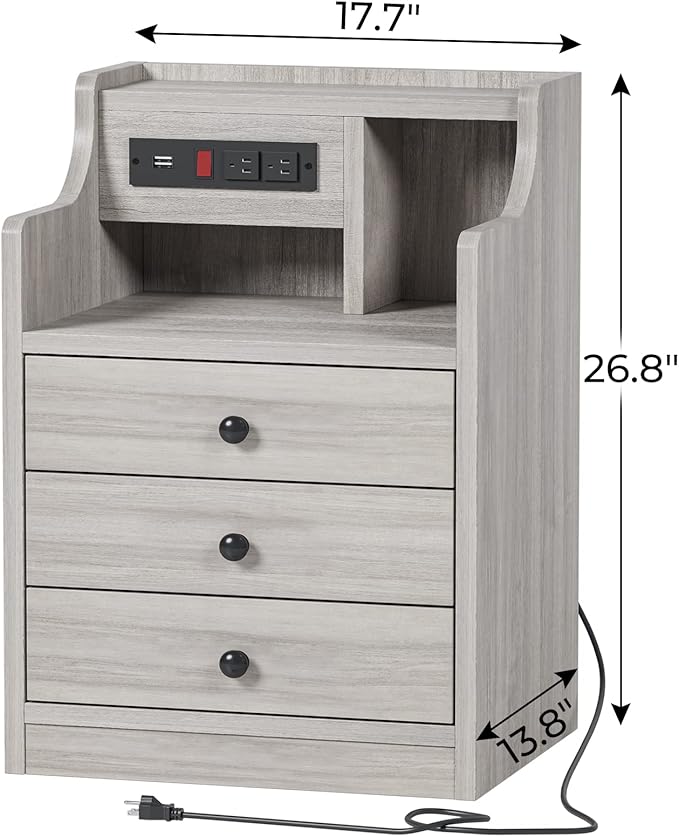 ADORNEVE Nightstand Set 2,Gray Nightstand with Charging Station & Hutch,Night Stands for Bedrooms Set of 2,Bedside Table with Drawers