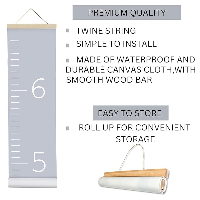 Morxy Canvas Growth Chart for Kids - Unisex Kids Room Wall Decor - Measuring Height Chart- Wall Tape with Height Chart for Kids (Canvas, Plain Gray)