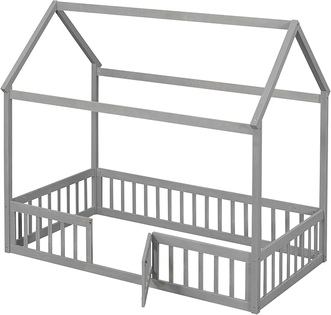 Merax Wooden House Bed, Floor Bedframe with Fence and Door,Full Guardrail, Twin Size, Grey