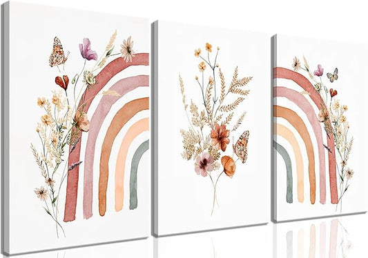 AKWISH Boho Rainbow Wall Art for Girls Room - Set of 3 Framed Wildflower Canvas Prints for Nursery, Baby Girl Room, Kids or Dorm Decor - Soft Pastel Botanical Bohemian Wall Decor 16x24in
