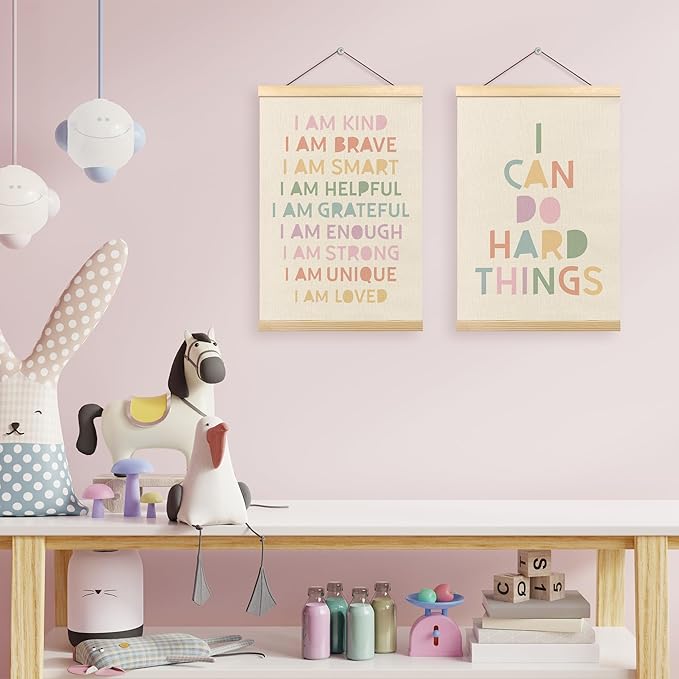 Pastel Boho Kids Wall Art Decor, I Can Do Hard Things Positive Affirmations Poster Hanger Frame for Kids Room Bedroom Nursery Playroom Classroom Wall Decor, 12x16 Inch Set of 2