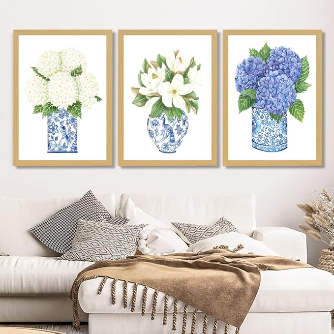 LUHDFYS Blue White Willow Style Ginger Jar Watercolor Chinoiserie Decor Canvas Painting Orchid Oriental Vase Porcelain Flower Jar Prints Polystyrene frame (12x16Inch Framed)