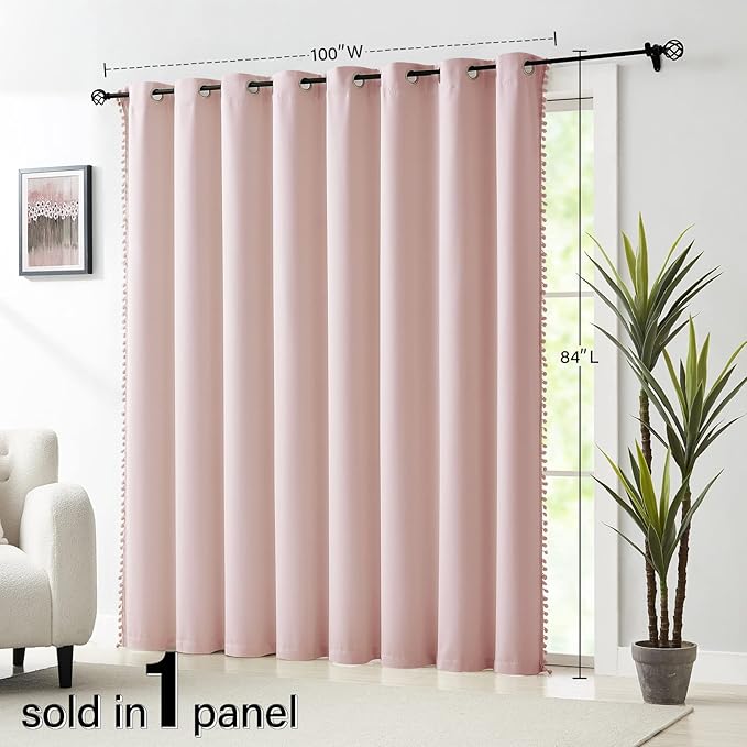 Pink Sliding Door Curtains 100x84inch Length 100% Blackout Extra Wide Pom Pom Room Divider Curtain Panels Thermal Insulated Patio Door Curtains for Kids Nursery Room 1 pc Blush Pink Grommet Top