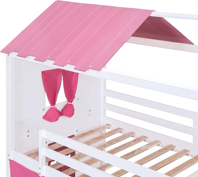 Full Size House Bunk Bed with Elegant Windows and Sills, Solid Wood Tent Bed Frame with Guardrails for Kids Teens Boys Girls, Versatile Spacious Under Bed Space with Curtains (White+Pink C)