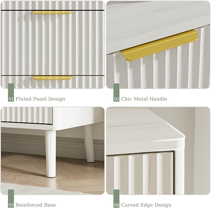 LYNSOM 55" Wide Fluted Dresser for Bedroom with 7 Drawer, Modern Chest of Drawers with Curved Profile Design and Metal Handles, Wood Dresser TV Stand & Storage Organizer for Living Room, White