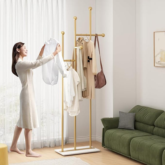 Gold Coat Racks with Marble Base Heavy Duty Clothes Rack Metal Coat Tree for Clothes Hats Scarfs Totes-19.7''L,GOLD