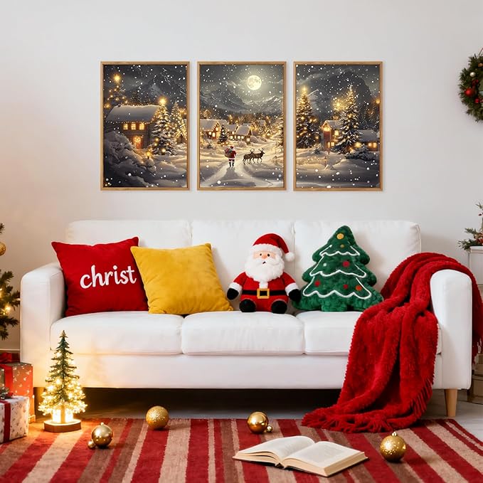 CHDITB Christmas Village Wall Art Set, Santa Claus and Reindeer Wall Decor, Moonlit Winter Artwork, Xmas Snowy Landscape Painting, Vintage Christmas Decor for Living Room Bedroom Fireplace 16"x24"x3