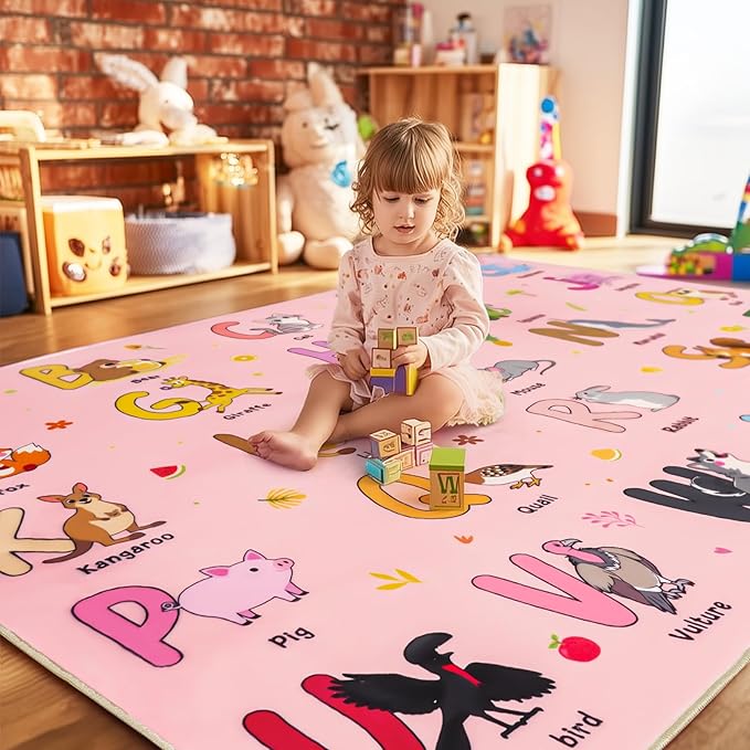 Kids Rugs for Playroom, 5x7 Feet Educational Rug for Learn The ABC Alphabet, Soft Machine Washable Non-Slip Cute Cartoon Animals Carpet for Classroom Toddler Nursery Kids Room Decor, Pink