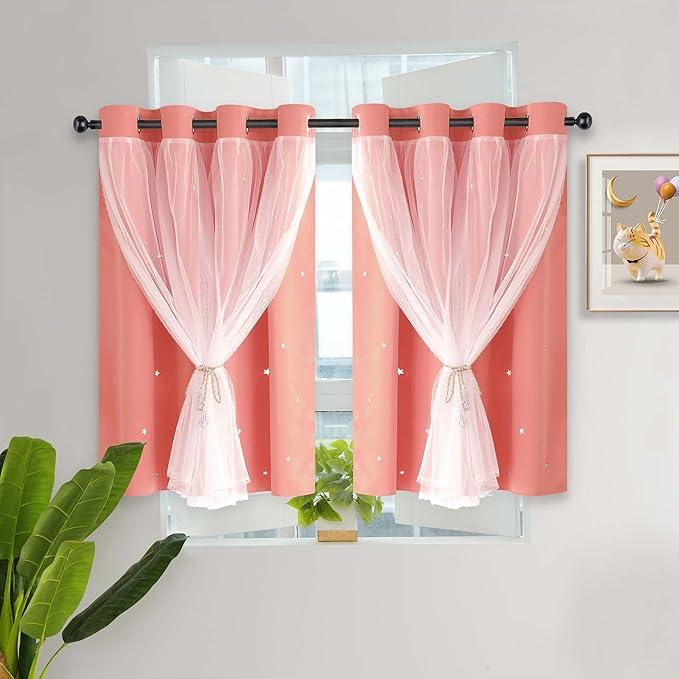 Kinryb Princess Small Curtains for Girls Bedroom with Sheer Overlay,Double Layer Curtain for Living Room with Star Cutout, Curtains for Kids Room (52 W*36 L Inches, 2 Pcs Coral)