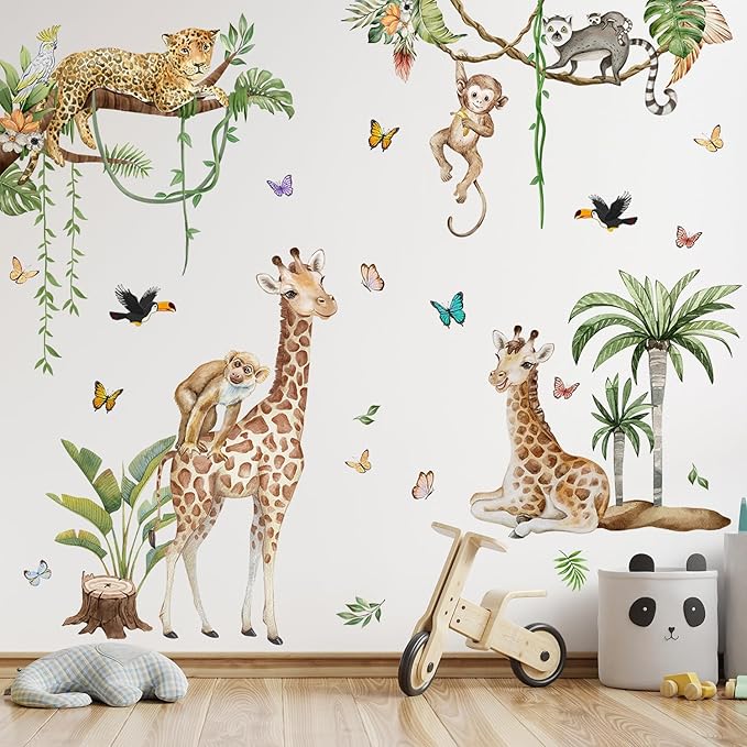 Jungle Safari Watercolor Wall Stickers - Large Removable Animal Wall Decals (Leopard, Giraffe, Monkey, Koala) with Tropical Plants Vines & Butterflies DIY Nursery Decor for Kids Bedroom, Classroom
