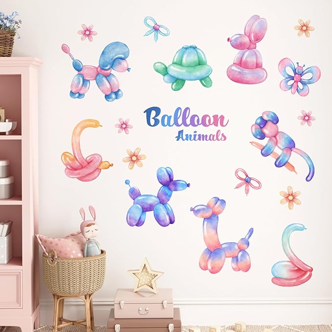 Yovkky Balloon Animals Wall Decals Stickers, Gradient Pastel Dog Rabbit Snake Turtle Toddler Baby Nursery Decor, Cute Butterfly Flowers Home Decorations Kids Bedroom Playroom Party Art