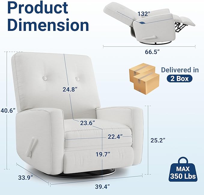 GarveeHome Oversized Recliner Chairs, Swivel Rocker Recliner, Glider Recliner Nursery Chair, Recliner Chair for Adults, 360°Swivel Glider Rocking Chair for Living Room, Bedroom, Office, Linen, White
