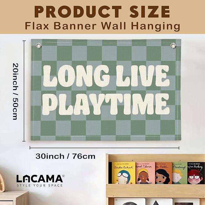 Lacama Playroom Decor, Play Room Wall Decor, Green Long Live Playtime Linen Banner Wall Hanging, Boho Cute Banner Flag Decor for Nursery Boys Room 30x20 Inch