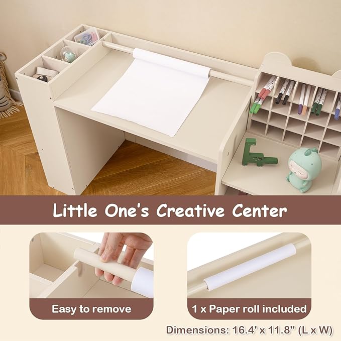Costzon Kids Desk and Chair Set, Art Activity Desk Set with Detachable Paper Roll Holder, Cubby Cabinet, and Multiple Storage Space, 2-in-1 Toddler Table and Chair for Painting, Studying (Beige)