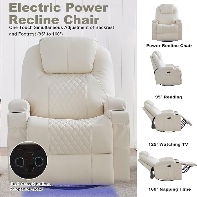 Power Swivel Rocker Recliner Chair with Massage and Heat/LED Lights/USB and Type-C Ports/Infinite Position/Cup Holder, Electric Glider Reclining Sofa for Nursery Living Room (1, Beige)
