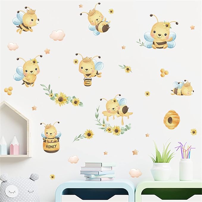 ROFARSO Colorful Cute Cartoon Bees Insect Wall Stickers for Kids Removable Honeybee Wall Decals DIY Decorations for Nursery Baby Boys Girls Bedroom Playroom Living Room Gaming Room