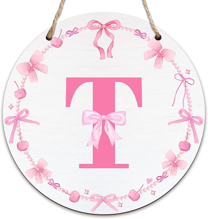 Monogram Round Sign For Front Door, Cherry Bow Theme Sign For Porch Art Wall Door, Initial Signs Hanging Ornament For Indoor Outdoor, Decorations Gifts For Four Seasons Rustic Home Kitchen, T, A20