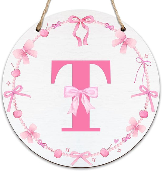 Monogram Round Sign For Front Door, Cherry Bow Theme Sign For Porch Art Wall Door, Initial Signs Hanging Ornament For Indoor Outdoor, Decorations Gifts For Four Seasons Rustic Home Kitchen, T, A20