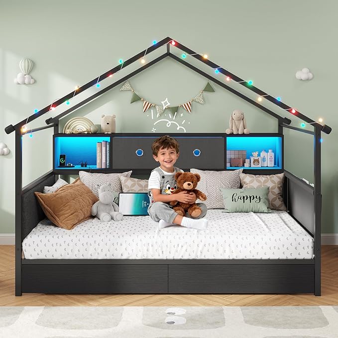 DICTAC Twin Corner Bed Frame with Storage Bookcase,Charging Station and Upholstered Headboard House Shaped Twin Size Bed Frame with 2 Storage Drawers,RGB LED and Globe Lights,Kid twin House Beds,Black