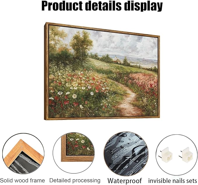 OIQArtOIQ Vintage Landscape Framed Wall Art Summer Countryside Wildflower Field Path Canvas Art Prints Farmhouse Cottagecore Pictures Wall Decor Rustic Meadow Paintings Artwork For Kitchen Bedroom