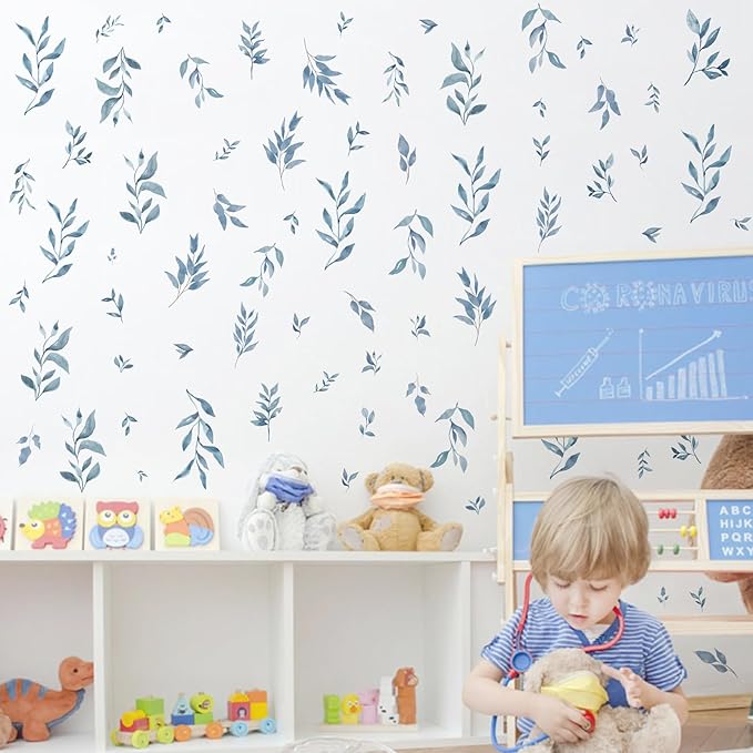 Watercolor Leaves Wall Stickers Blue Country Leaf Wall Decals Peel and Stick Small Tree Leaf Wall Stickers Removable Botanical Plant Leaves Wall Decals for Bedroom Living Room Decor