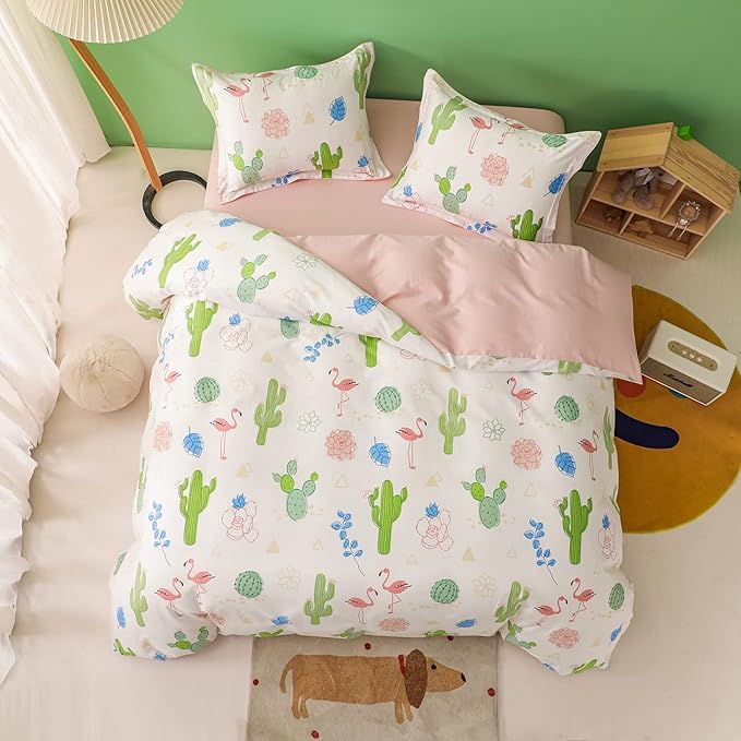Simple&Opulence 100% Organic Cotton Duvet Cover for Kids Teens, 4 Pieces Soft Comforter Cover with Zipper Closure Warm Adorable Flamingo Bedding Set - Cactus, Full/Queen