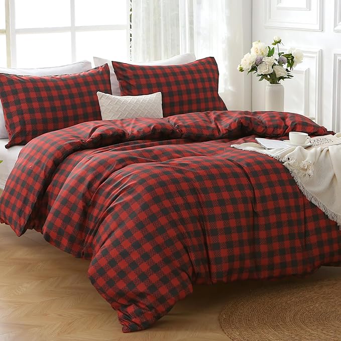 MUXHOMO Duvet Cover King Size Floral Duvet Cover Set with Zipper Closure, Red Plaid Bedding Set, 3 Pieces, 1 Duvet Cover 104"x90" with 4 Corner Ties and 2 Pillowcases 20"x36"