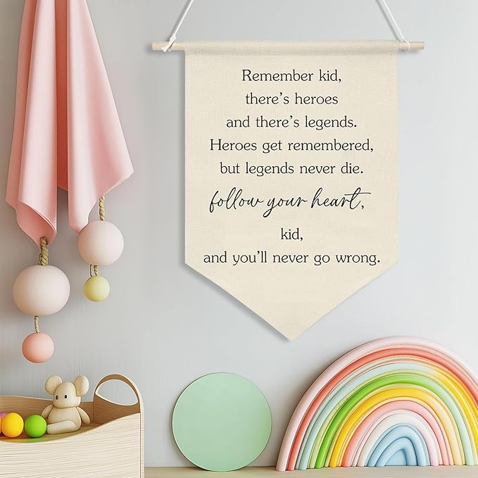 Follow Your Heart Inspirational Wall Banner,Heroes and Legends Quote Canvas Flag, Boys Room Motivational Wall Poster Decor, Gift for Kids Nursery Playroom or Graduation 11x16inch(KD27)