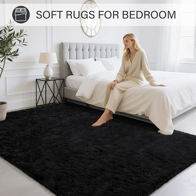 BENRON Fluffy Rugs for Living Room 6x9 Black, Washable Large Area Rugs for Bedroom Dining Table Office Kids Nursery Room, Washable Indoor Floor Carpets