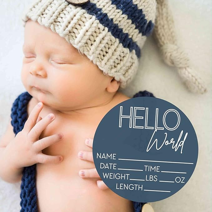Hello World Newborn Sign - Baby Name Birth Announcement Plaque for Hospital - Photo Prop - Blue Nursery Decor - Shower Gift