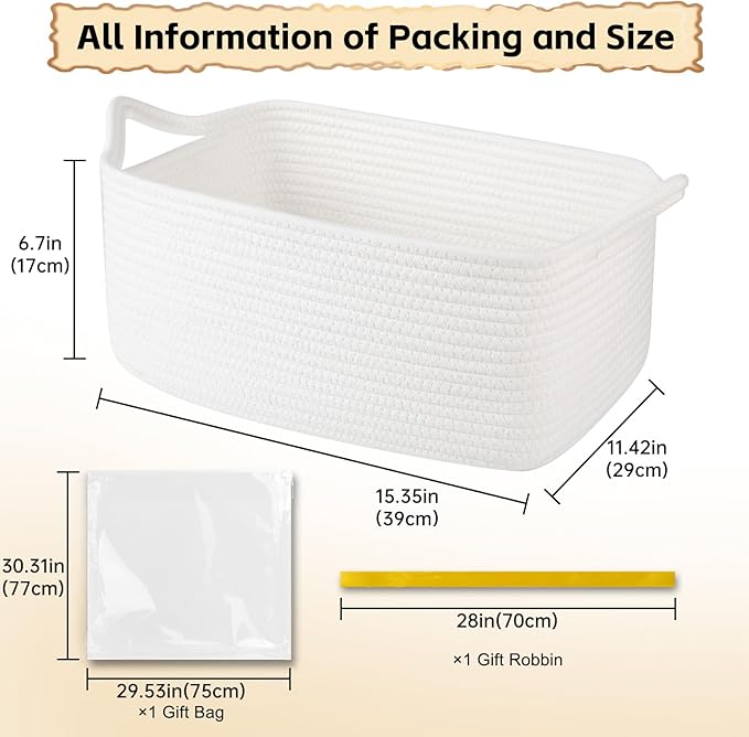 OIAHOMY 19L Woven Basket with Gift Bags and Ribbons, Gift Basket Empty for Baby Showers Birthday, Nursery Bin with Handles for Baby Room Living Room, Pet Toy Bins for Toy Organizer- White