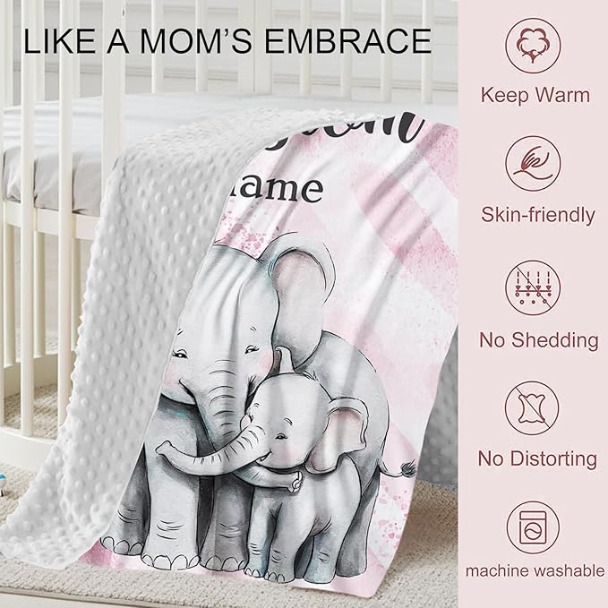 Personalized Crib Bedding Set for Boys Girls, Custom Baby Crib Sets with Name, Pink Elephant Design Nursery Bedding 2 Piece - Soft Blanket with Double Layer Dotted Backing, Crib Fitted Sheet