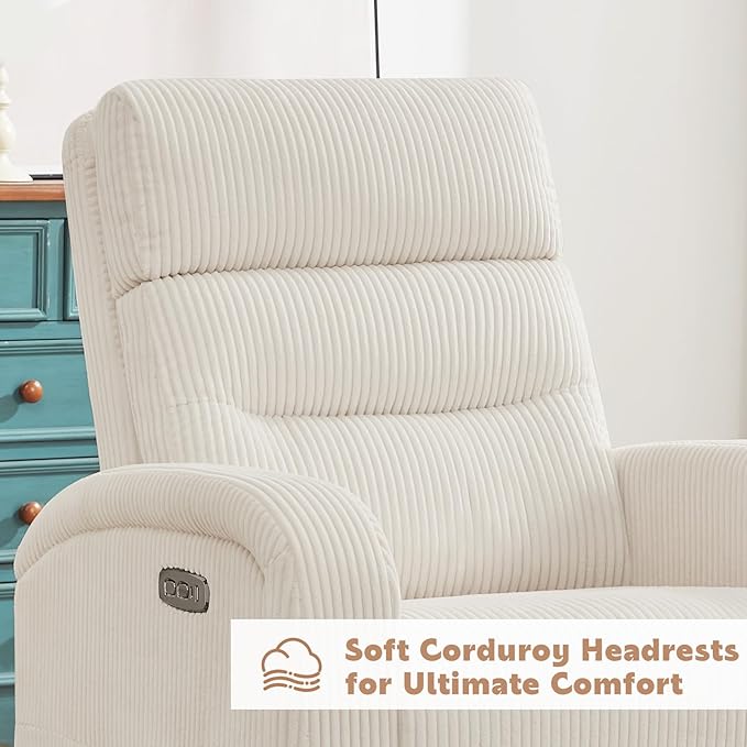 Power Nursery Swivel Recliner, Electric Rocking Recliner with USB and Type-C Port, Swivel Glider Nursery Recliners for Living Room,Corduroy White