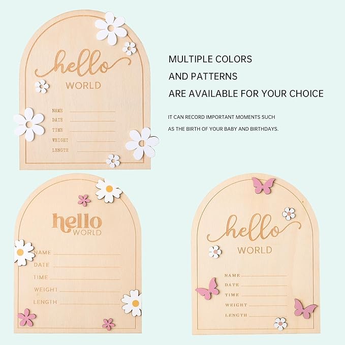 iEvolve Baby Announcement Sign Hello World Wooden Birth Name Sign Welcome Baby Newborn Board Butterflies and White Flowers Nursery Decor for Baby Girls Boys (Pink Butterfly)