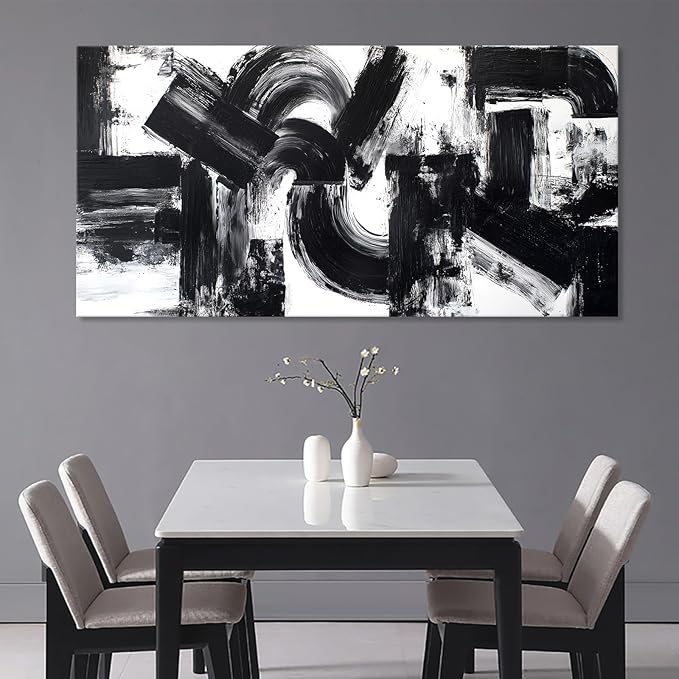 Black White Abstract Wall Art for Living Room, Modern Brushstroke Canvas Painting Artwork for Walls, Minimalist Black Geometric Curves & Blocks Pictures for Bedroom, Kitchen, Office Wall Decor 20"x40"