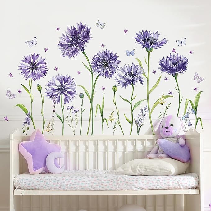 Purple Floral Wall Sticker Peel and Stick Flower Butterfly Wall Decal Green Plant Leaf Wall Art Mural Daisy Flowers Wall Stickers for Bedroom Decor