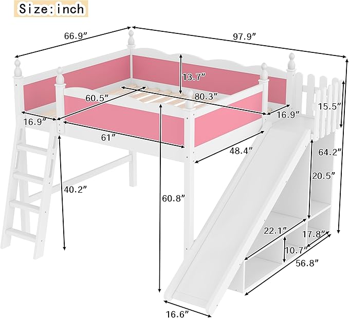 SOFTSEA Queen Size Loft Bed with Slide & Shelves, Kids Wood Loft Bed with Open Shelves and Cabinet, Playhouse Bed Frame with Detachable Slide and Ladder for Kids Girls, Pink + White
