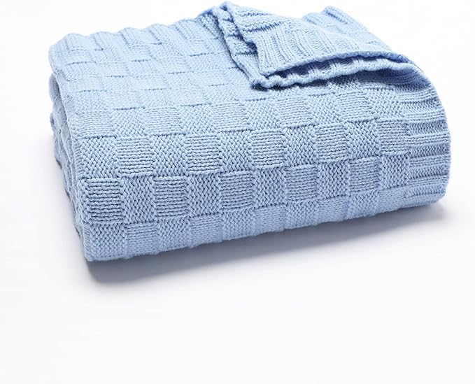 LAWKUL Baby Blanket Blue Cable Babe Blanket Checkered Knit Newborn Infants Soft Airy Receiving Swaddle Neutral Unisex 40"x30"