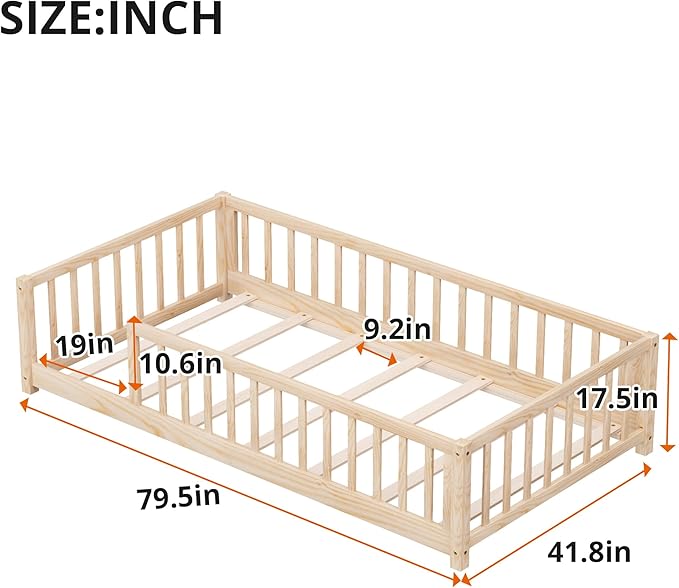 LLS Twin Floor Bed for Kids Solid Wood Montessori Bed Frame with Safety Guardrails Multifunctional Montessori Floor Bed for Toddlers, Without Door, Natural