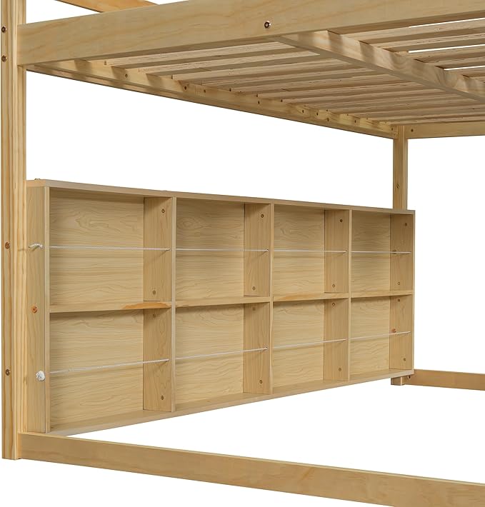 Playhouse Design Full Size Wood Loft Bed with Slide and Tent, Low Loft House Bed Frame with Storage Shelves and Removable Car-Shaped Staircase for Kids Teens Boys Girls Bedroom (Natural-PT)