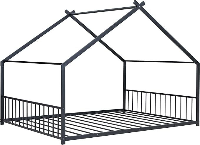 Full Size House Shaped Montessori Platform Beds, Wood Floor Bed Frame with Roof and Fence Deisgn, Kids Double Toddler Bed for Children Boys Girls, Easy Assemble, No Box Spring Needed, Black