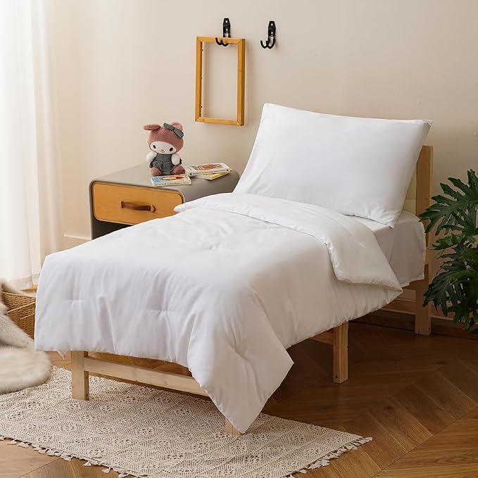 KAREVER White Toddler Bedding Set Solid White 4 Pieces Crib Bed Set Kids Pure Color Comforter Set