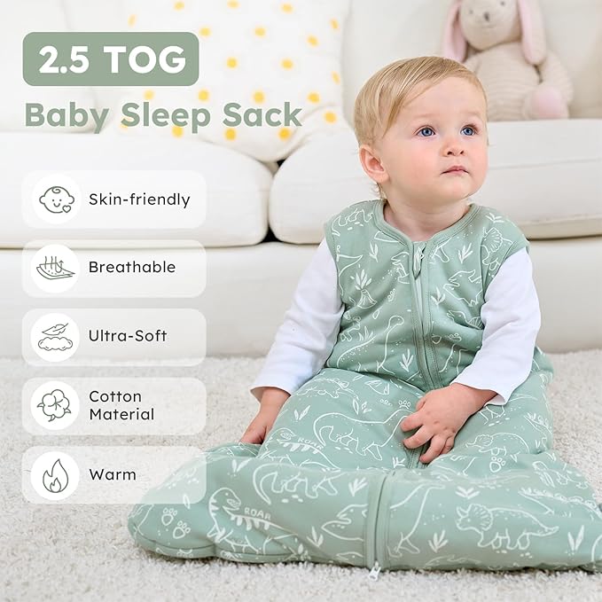 Baby Sleep Sack 12-18 Months, 2.5 TOG Cotton Winter Baby Wearable Blanket with 2-Way Zipper, Warm Soft Sleeping Bag for Toddler Boy Girl, Large Dinosaur
