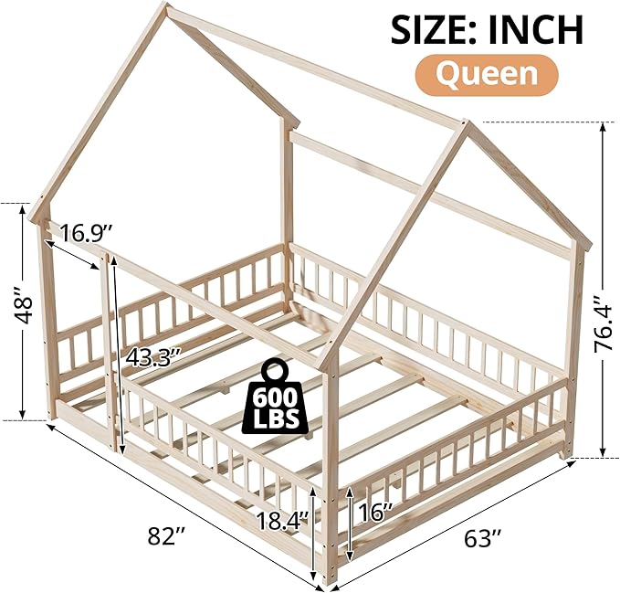LLS Queen Size Montessori Floor Bed Frame with Slats and Fence, Wooden House Bed for Boys Girls Bedroom, Natural