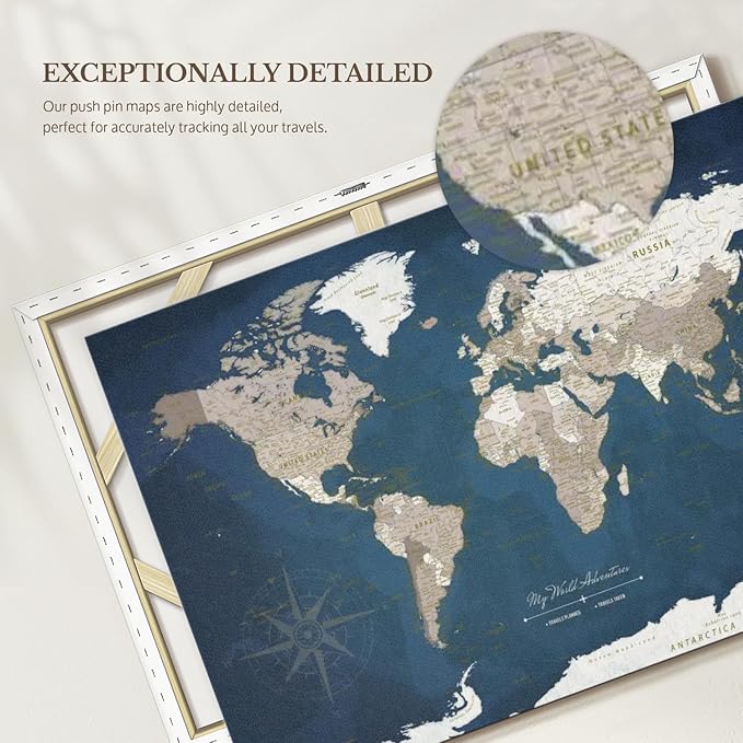 ElephantStock - My World Adventures Push Pin Travel Map I Wall Art - Horizontal Canvas Wall Art - Living Room Wall Decor - Printmaking Map Canvas Art - Blue And Beige Decor - 30" x 20"