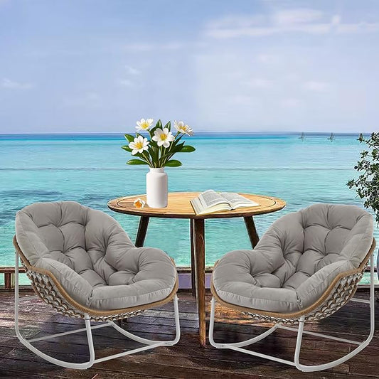 Oversized Outdoor Papasan Rocking Chair Set of 2 with Soft Cushion, Comfy Patio Egg Chair, Wicker Lounge Rocker for Balcony/Porch/Garden, Reinforced All Weather Rattan Frame, Light Grey