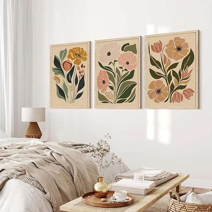 CHMMART Boho Floral Framed Wall Art Flower Canvas Art Prints Set of 3 Mid Century Modern Pictures Wall Decor Botanical Painting Artwork for Living Room Bedroom Office 16x20in
