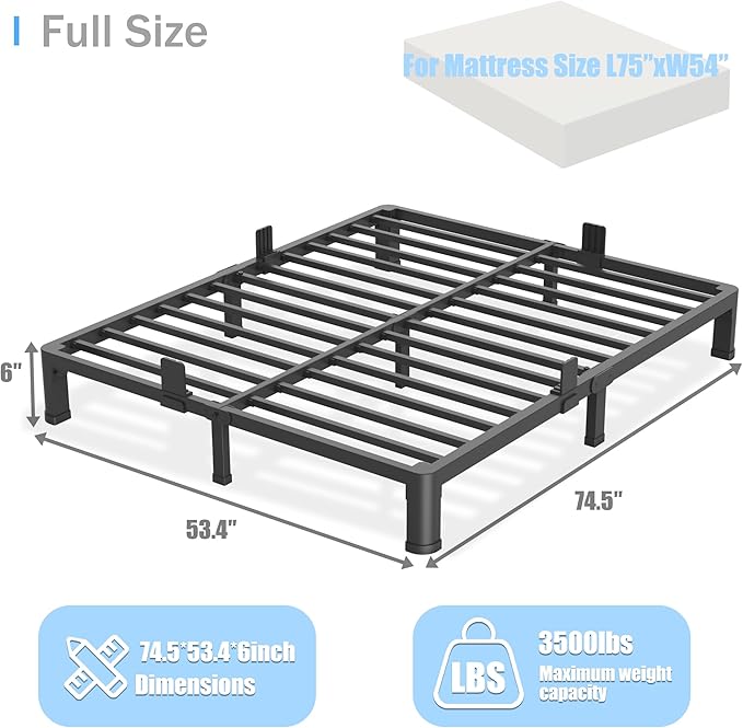 6 inch Full Size Bed Frame with Round Corner Legs Mattress Slide Stopper,Low Profile Heavy Duty Metal Platform,Steel Slat Support,No Box Spring Needed,Easy Assembly,Noise Free