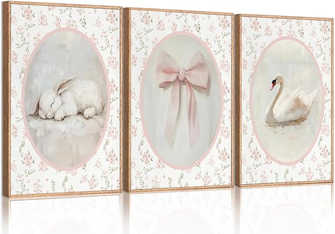 3Pcs Pink Vintage Nursery Wall Art Cute Animal Rabbit Swan Bow Flower Canvas Posters Prints Baby Girl Room Picture Wall Decor for Girls Room Bedroom Decorations Unframed