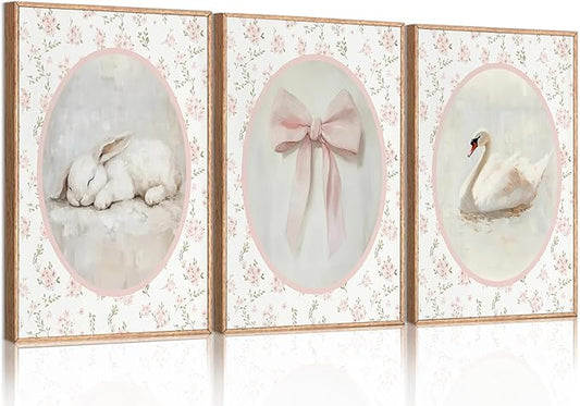 3Pcs Pink Vintage Nursery Wall Art Cute Animal Rabbit Swan Bow Flower Canvas Posters Prints Baby Girl Room Picture Wall Decor for Girls Room Bedroom Decorations Unframed